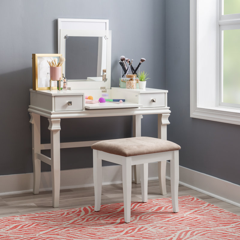 Ensemble de coiffeuse avec tabouret et miroir Godines, Blanc