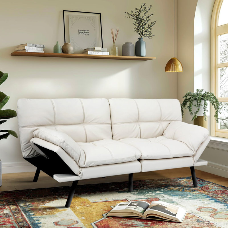 Multifunctional Upholstered Sofa Bed With Adjustable Armrests And Reclining Backs, Faux Leather, White