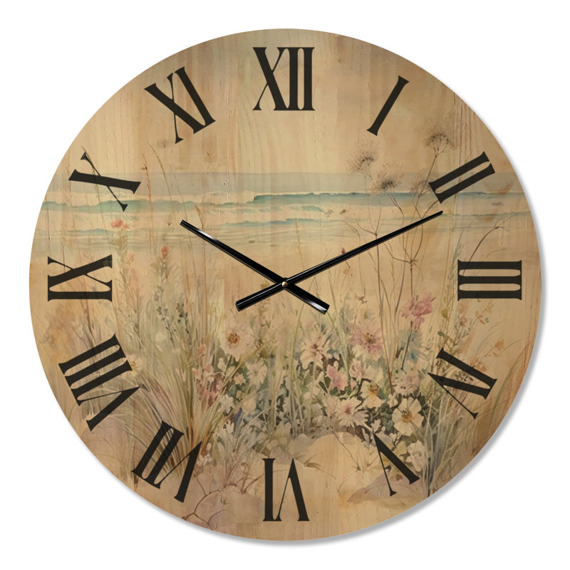 Grande horloge murale en bois à imprimé botanique - Fleurs sauvages sur la plage, Large