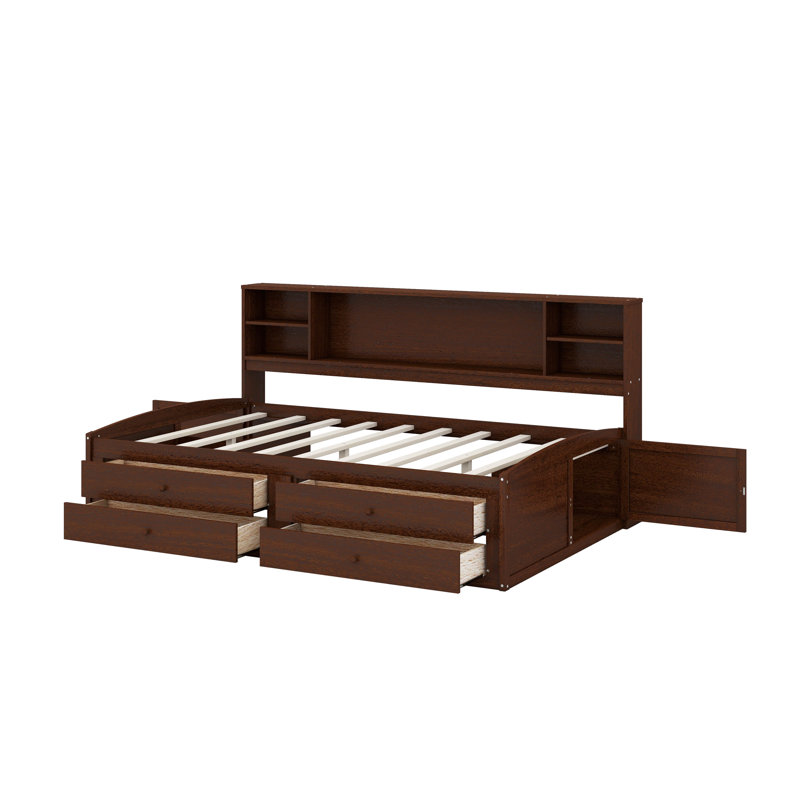 Lit capitaine pleine grandeur en bois avec tablettes, tiroirs et 2 armoires