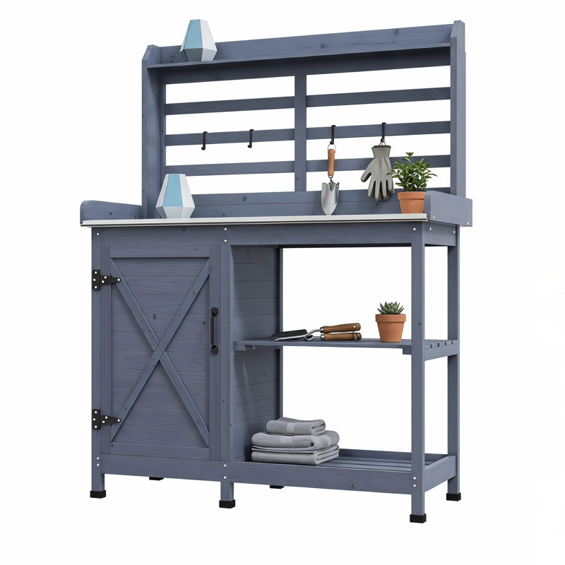 Banc de rempotage en bois avec rangement, poste de travail extérieur facile à nettoyer, Gris