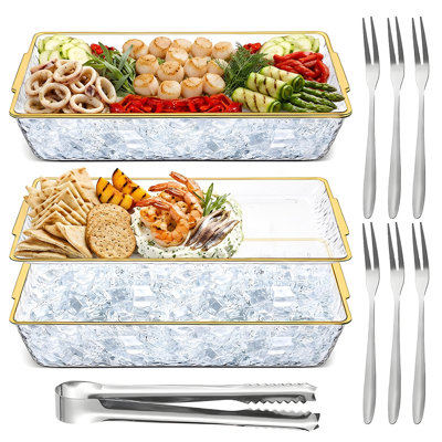 Ice charcuterie platter set with serving tongs and forks, 2 tier chilled acrylic serving tray for parties, clear with gold rim