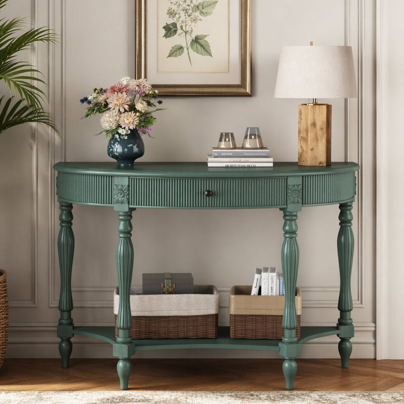Console demi-lune en bois massif avec tiroir et tablette, Vert antique, Vert antique, Vert antique