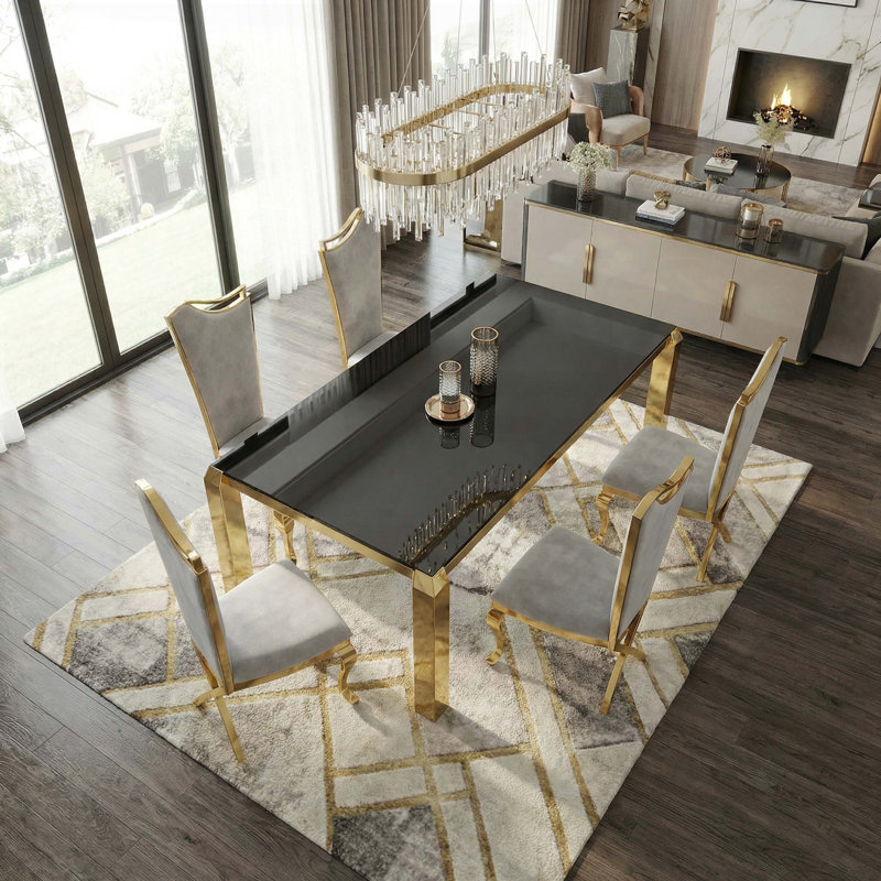 Table de salle à manger luxueuse dorée de luxe avec verre trempé noir (63 po, sièges 6)