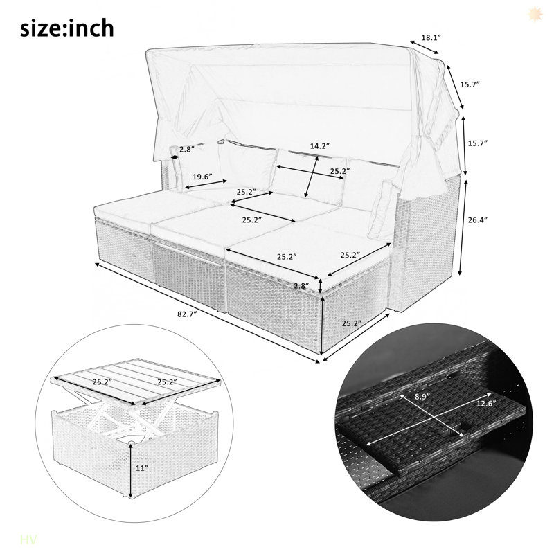 Outdoor Patio Rectangle Daybed With Retractable Canopy,  Wicker Furniture Sectional Seating With Washable Cushions, Backyard, Porch