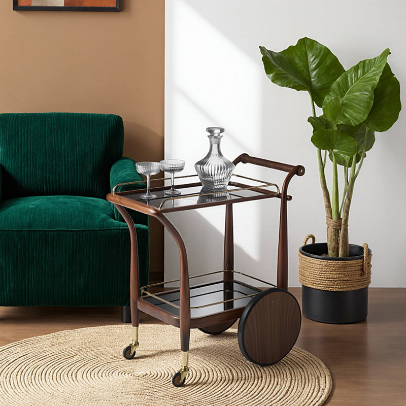 Chariot à roulettes 31,5 po en bois massif et verre rétro, chariot de bar à deux niveaux, grande table de rangement et de présentation lumineuse