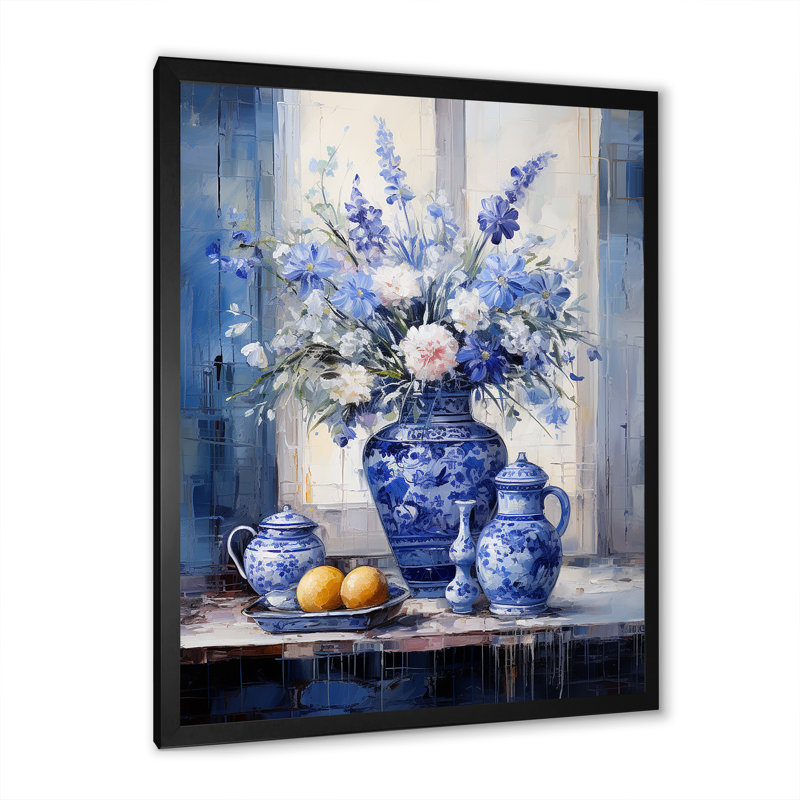 Boho bleu et blanc plante poterie IV - Boho, Cadre simple noir, H 20 po x l 12 po x P 1 po