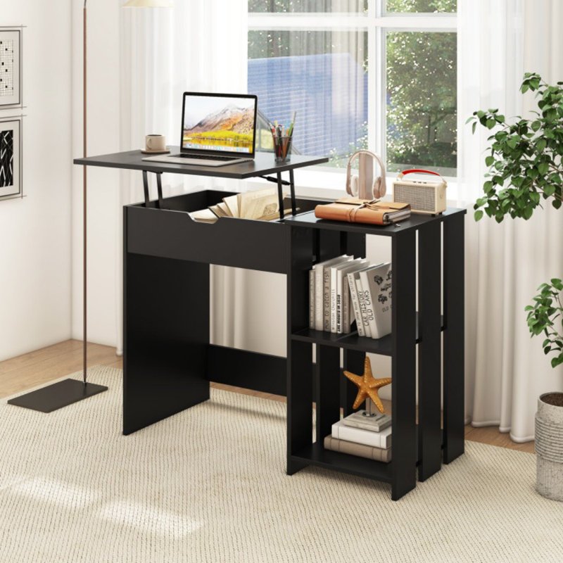 Space Saving Computer Desk With Hidden Compartment And Open Storage Shelves