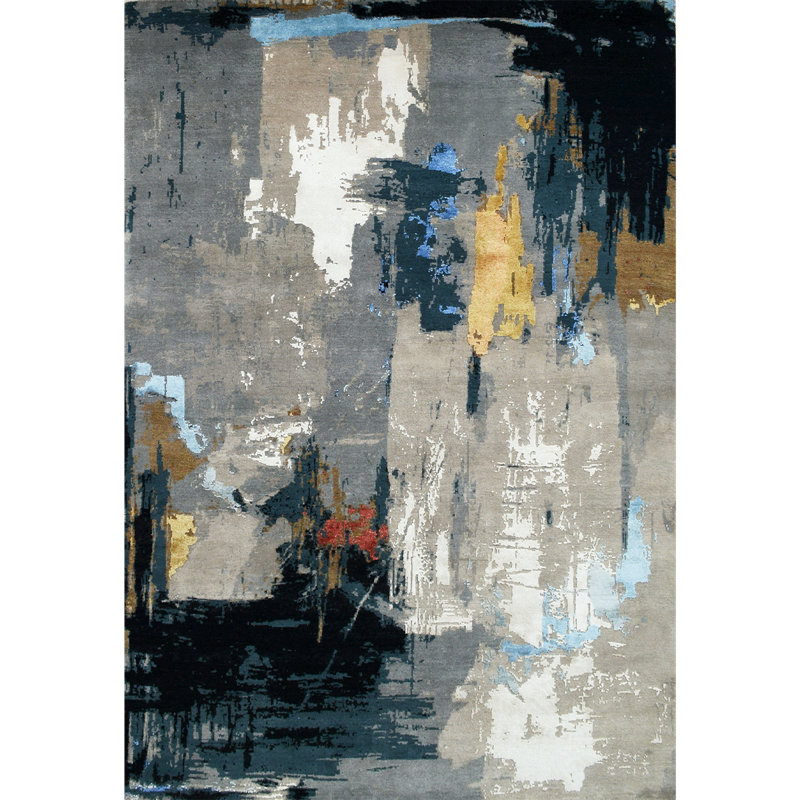 Tapis gris et multicolore noué à la main de haute qualité, Rectangle 6 pi x 9 pi