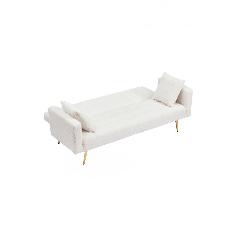 Quiniya 71.26" Modern Velvet Sofa Bed Folding Couch with Two Throw Pillows for Living Room, Beige Teddy