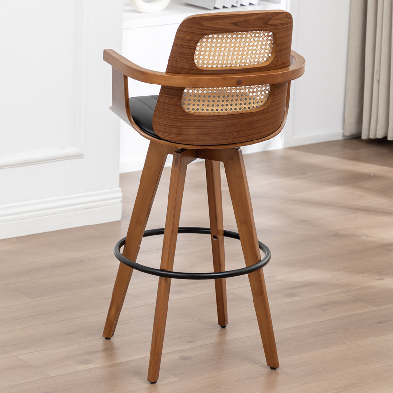 Clero Swivel Faux Leather Counter Stool With Rattan Back, Counter Stool (26" Seat Height), Black