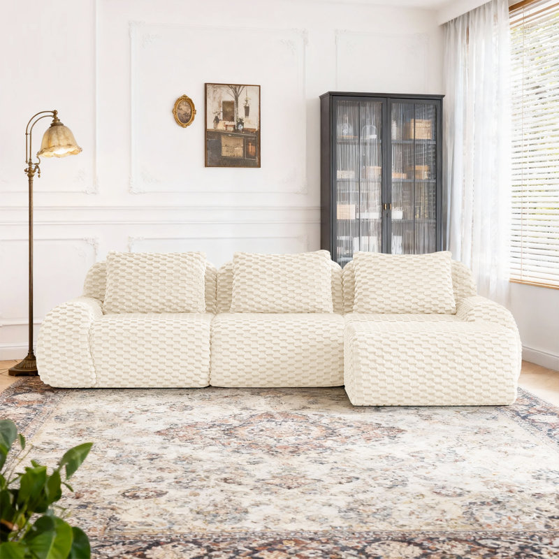 Canapé modulaire en flanelle de L 114 po avec repose-pieds 114 po, Fausse fourrure crème
