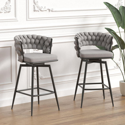 Ensemble de tabourets de bar 28 po en lin tissé 28 po, tabourets à pieds noirs sans îlot de cuisine réglable, 360 tabourets de bar pivotants, tabouret de bar avec repose-pieds et dossier (gris)