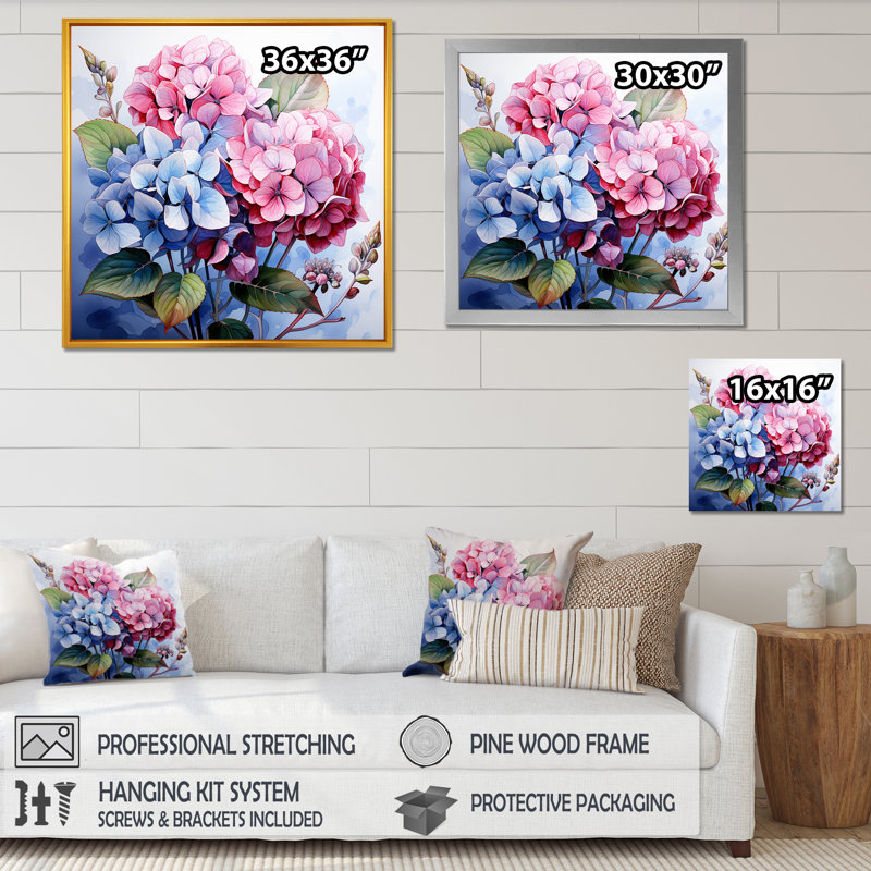 Pink And Purple Hydrangea Flowers Harmony II - Hydrangea Wall Art, 30" H x 30" W x 1.5" D, Black Floater Framed