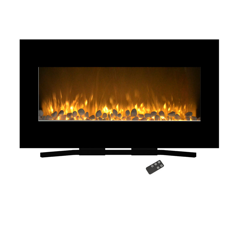Orren Ellis 36-Inch Wall Mounted Electric Fireplace - Modern Fireplace with Floor Stand, Remote, and Adjustable Heat and Brightness
