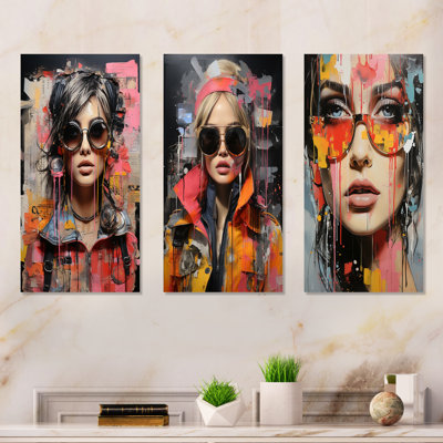 «Pink Grunge Woman In Collage I», ensemble de salon 3 pièces