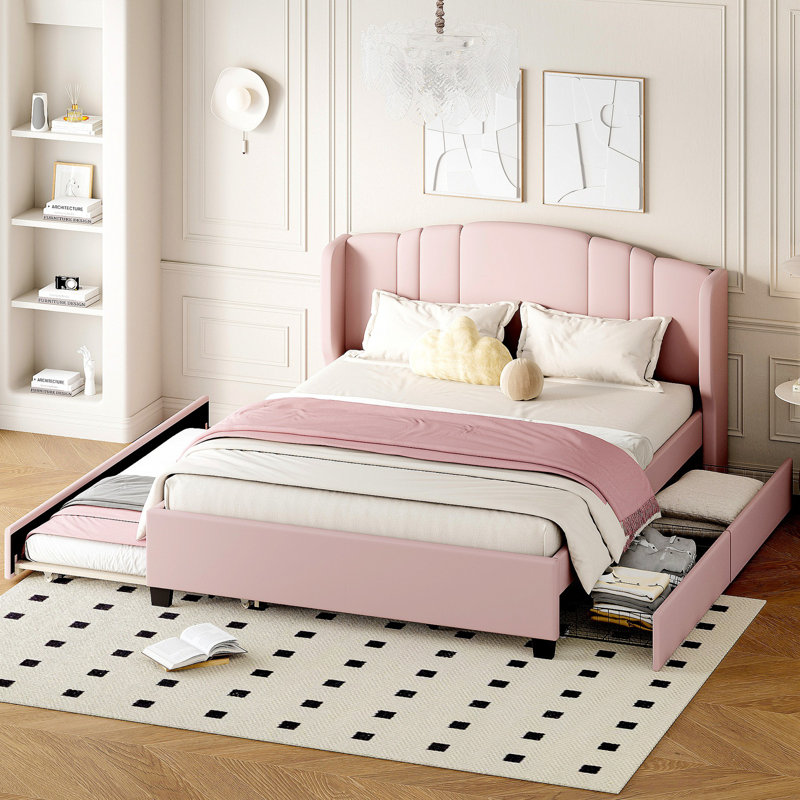 Lit plateforme tapissier luxueux avec rangement supplémentaire et tête de lit élégante, Rose