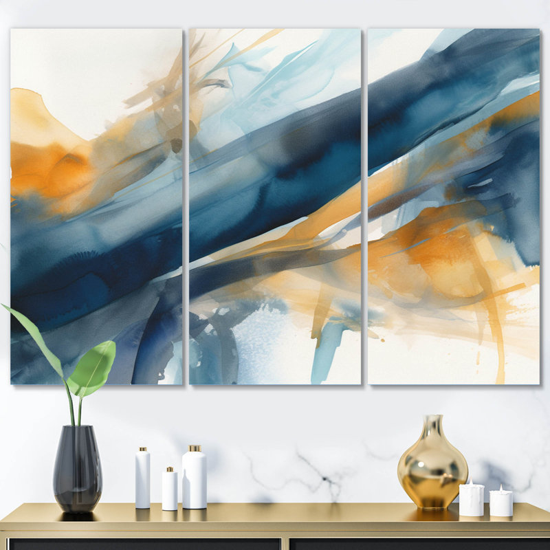 «Blue and Gold Fusion I», reproduction de toile tendue 3 pièces, H 40 po x l 60 po x P 1 po