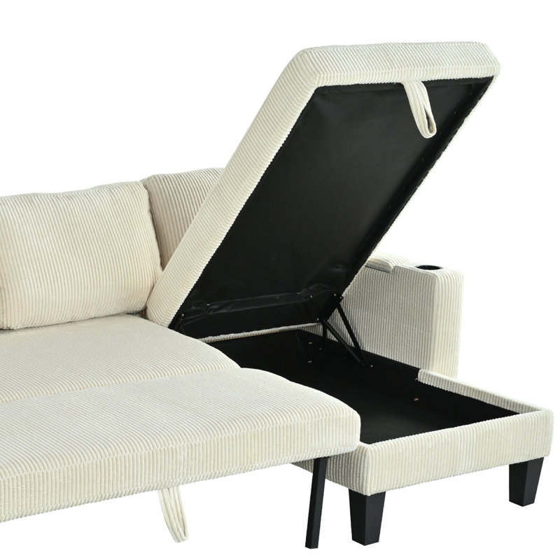 Reversible Corduroy Sectional Sofa with Storage Chaise, USB Ports, Arm Storage & Cup Holders, Beige Corduroy
