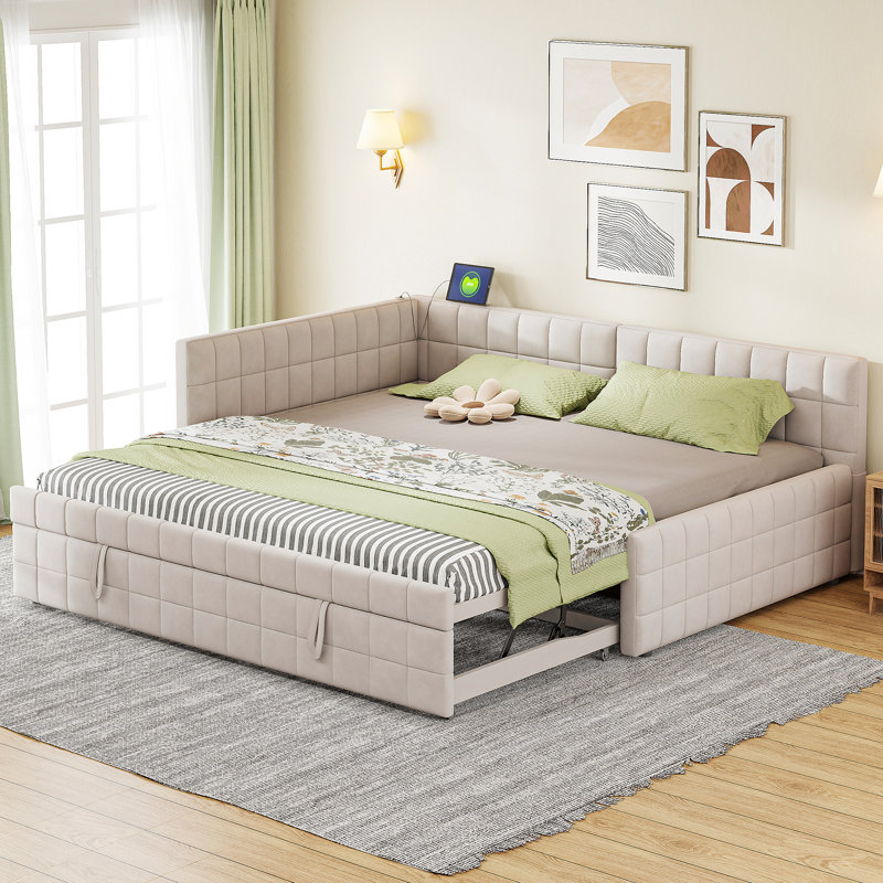 Upholstered Full Size Daybed with Twin Size Pop Up Trundle and USB ports, Beige