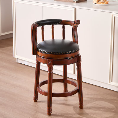 Swivel Bar Stool with Top-Grain Leather Seat, Hollow Back Design, Solid Wood Frame & Footrest for Kitchen, Dining, or Living Room