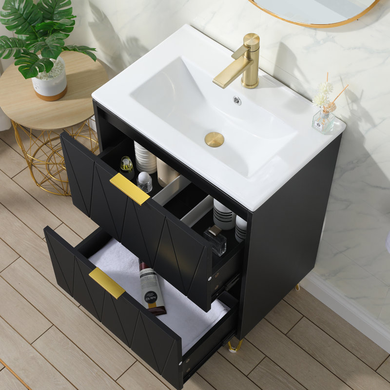 Meuble-lavabo simple 24 po à 2 tiroirs avec plateau en céramique 24 po Modern