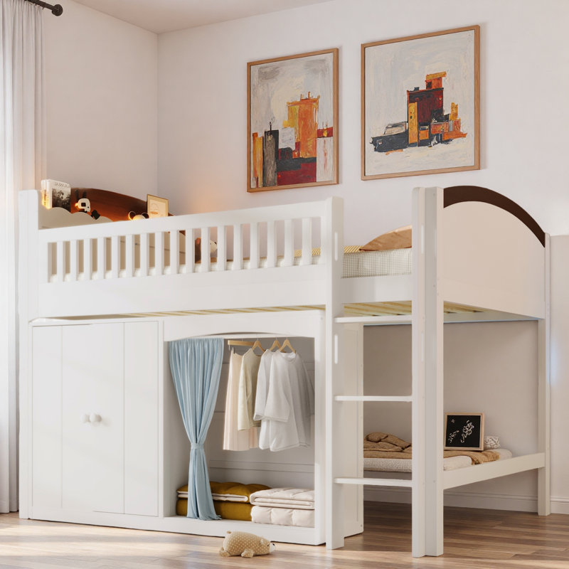 Lit mezzanine avec armoire de rangement, garde-robe et DEL, Blanc