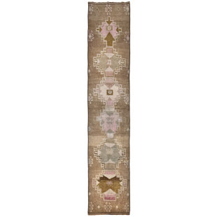 Tapis de couloir turc rétro noué à la main style taupe rétro circa 1940 2 pi 7 po x 12 pi 1 po