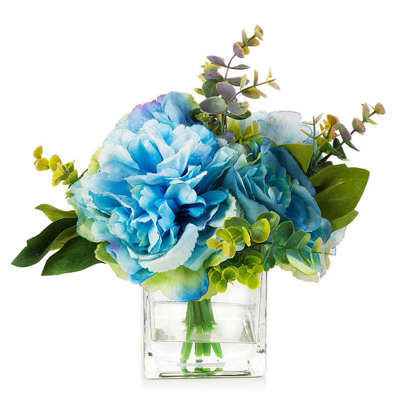 Blue Faux Silk Peony and Rose Arrangement in Glass Vase