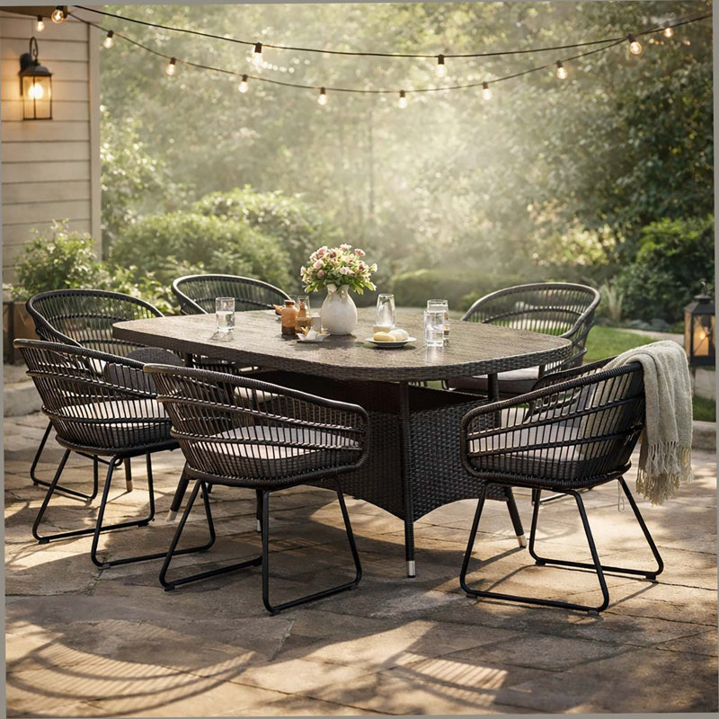 Ensemble de salle à manger d'extérieur en osier 7 pièces, table en rotin et chaises pour 6 pour terrasse, terrasse, porche, brun et noir