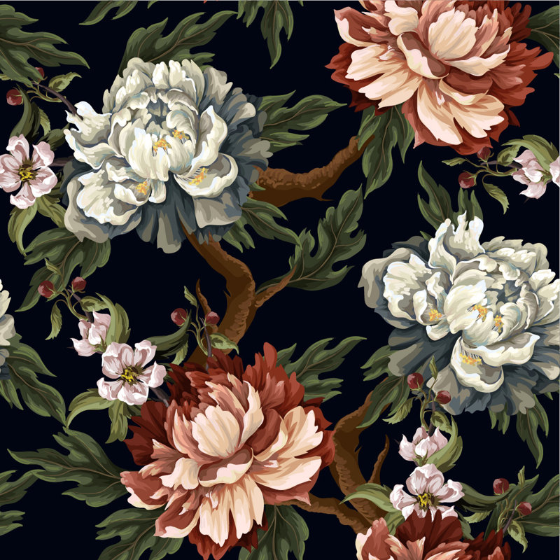 Peonies On Dark Background Wallpaper, Durability, 8.33' L x 100" W