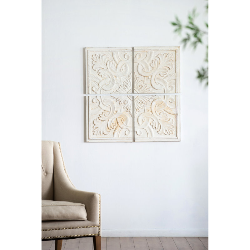Distressed Wooden Wall Panels 17.5x17.5", 100% Natural Fir Wood, Intricate Feature For Various Interior Styles White-wash Finish, Medallion
