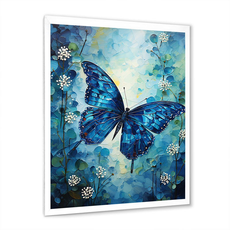 " Butterfly Sapphire Flutter ", 40" H x 30" W x 1.5" D, White Picture Framed