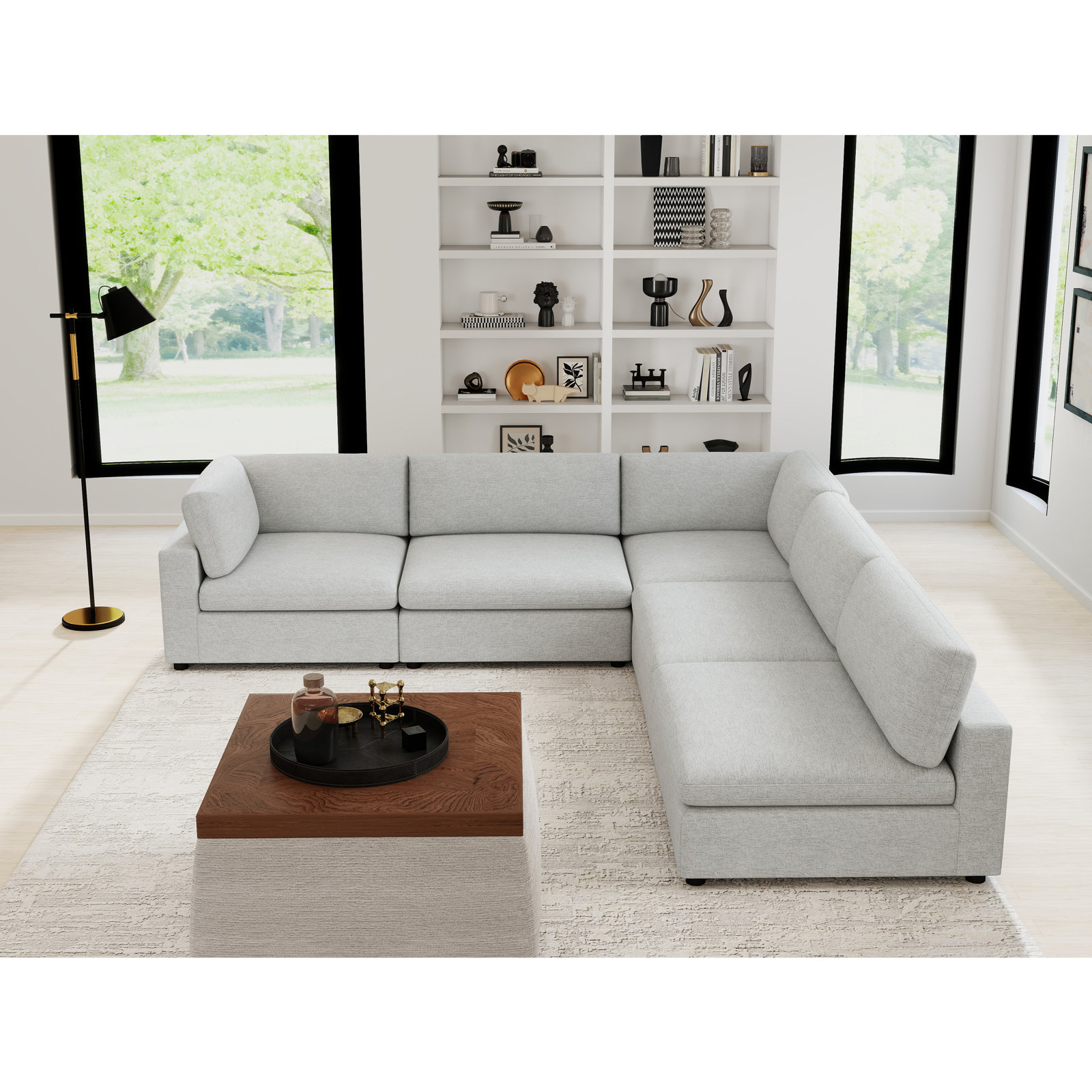 Nuccio 5-Piece Modern Minimalist Soft-Upholstered Sectional With Pillow Back, Cream