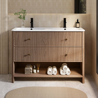 Alexie 48" Modern Farmhouse Freestanding Double Sink Bathroom Vanity with Sink Top, Duo Experience, Large R-corner, Soft-Close Undermount Drawers