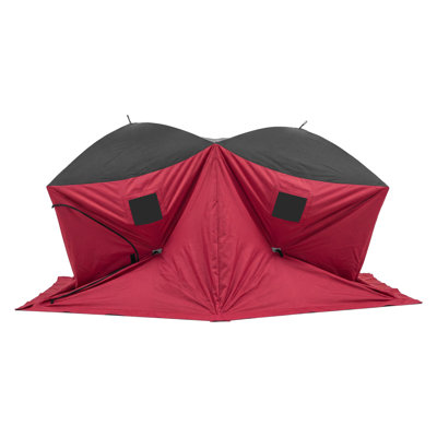 Tente de pêche sur glace Pop-Up pour 6 à 8 personnes, abri d'hiver portable de 142 x 71 x 79 po, couverture de 67 pieds carrés, tissu Oxford 300D durable, style Hub avec ancrages, cordes et sac de transport, rouge / noir