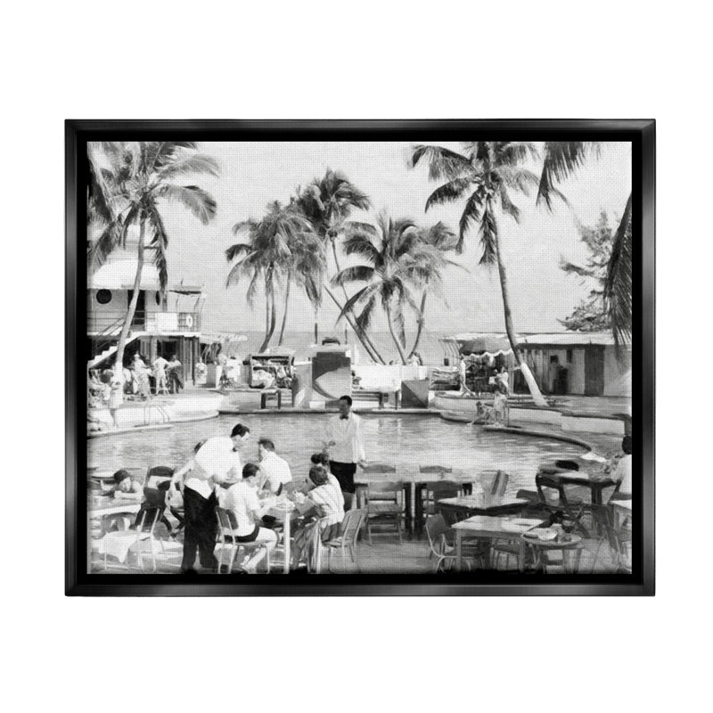 "Bayou Breeze", plage tropicale rétro, encadrée par Graffi * Tee Studios, Cadre flottant noir de jais