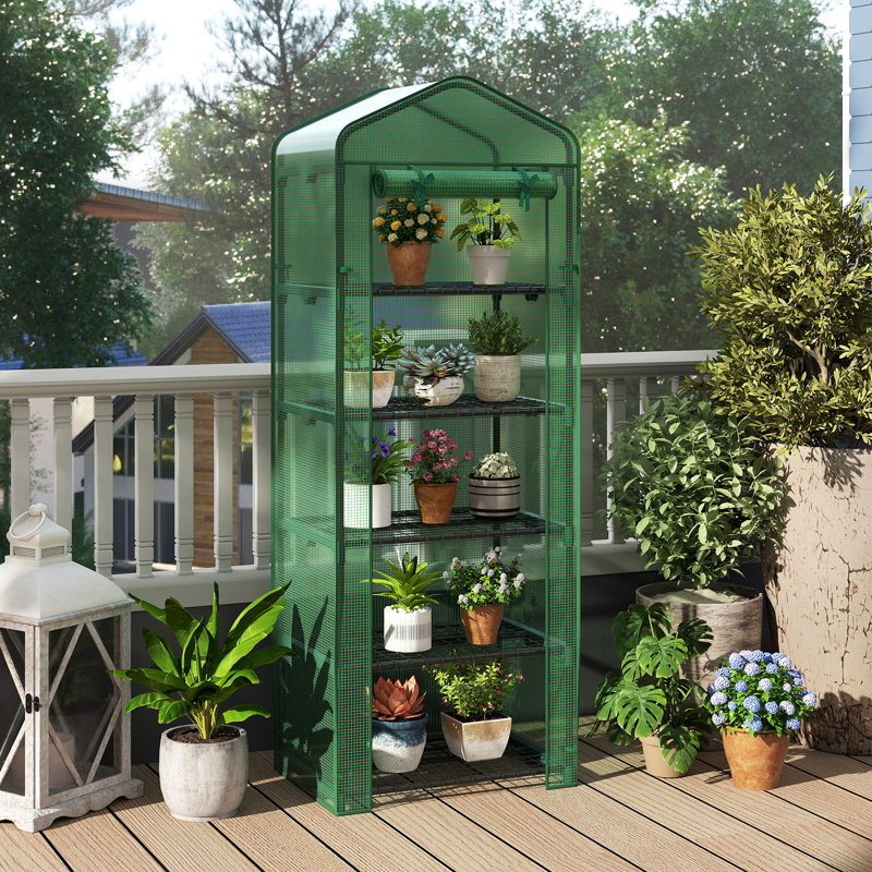 Mini Greenhouse with 5 Tier Shelves, PE Cover, Roll-Up Zipper Door, Green