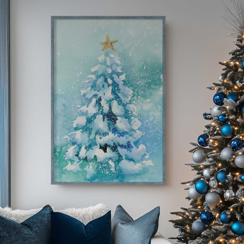 Arbre de Noël givré imprimé dans un cadre noir satiné, Cadre en zinc patiné, H 15,25 po x l 12,25 po x P 1,25 po