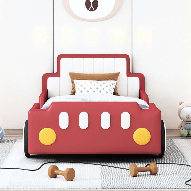 Red Twin Size Race Car-Shaped Platform Bed With Wheels - Comfort And In One Car Ensuring Maximum, Red