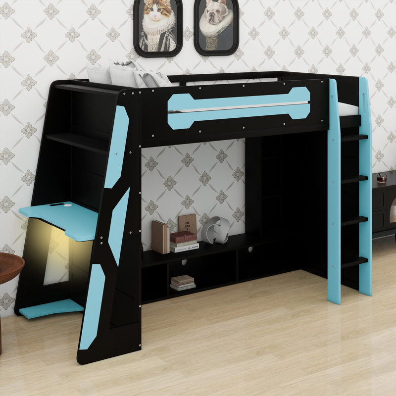 Lit mezzanine peu encombrant avec bureau intégré, tablettes de rangement et lumière RVB personnalisable, Bleu
