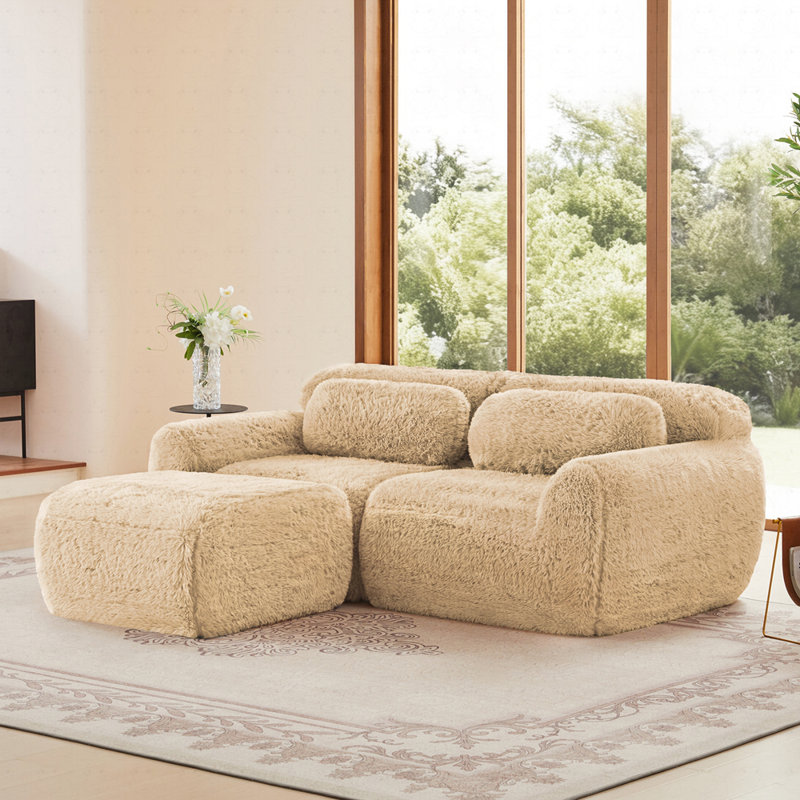 Canapé 2 places en tissu moelleux moelleux avec 1 repose-pieds, Kaki pâle