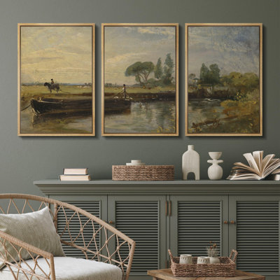 Rural Landscape " Riverside Pastoral Scene Rustic Country Life Nature Landscape Illustrations Modern Art Decor Rustic " 3 - Pieces
