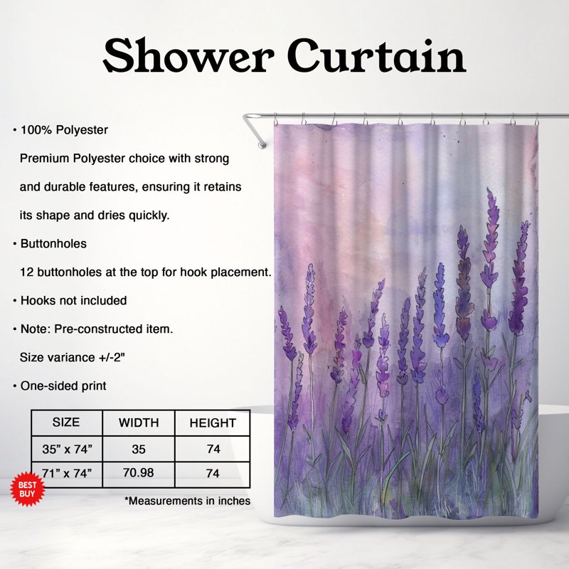 Rideau de douche 1 pièce Gentle Lavender Fields, H 74 po x l 35 po