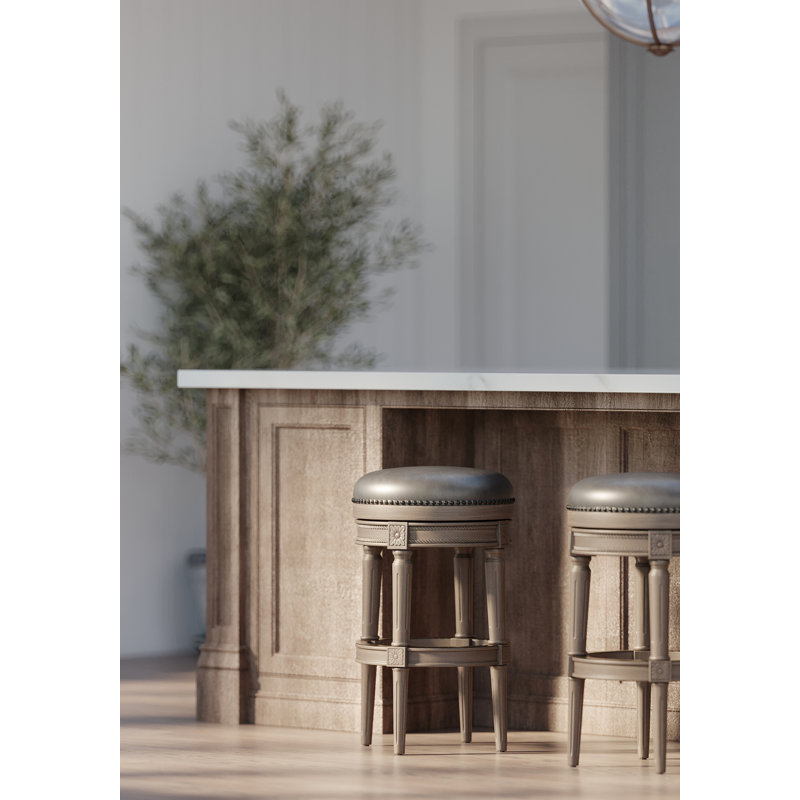 Reclaimed Oak Backless Swivel Bar Stool with Vegan Leather Seat