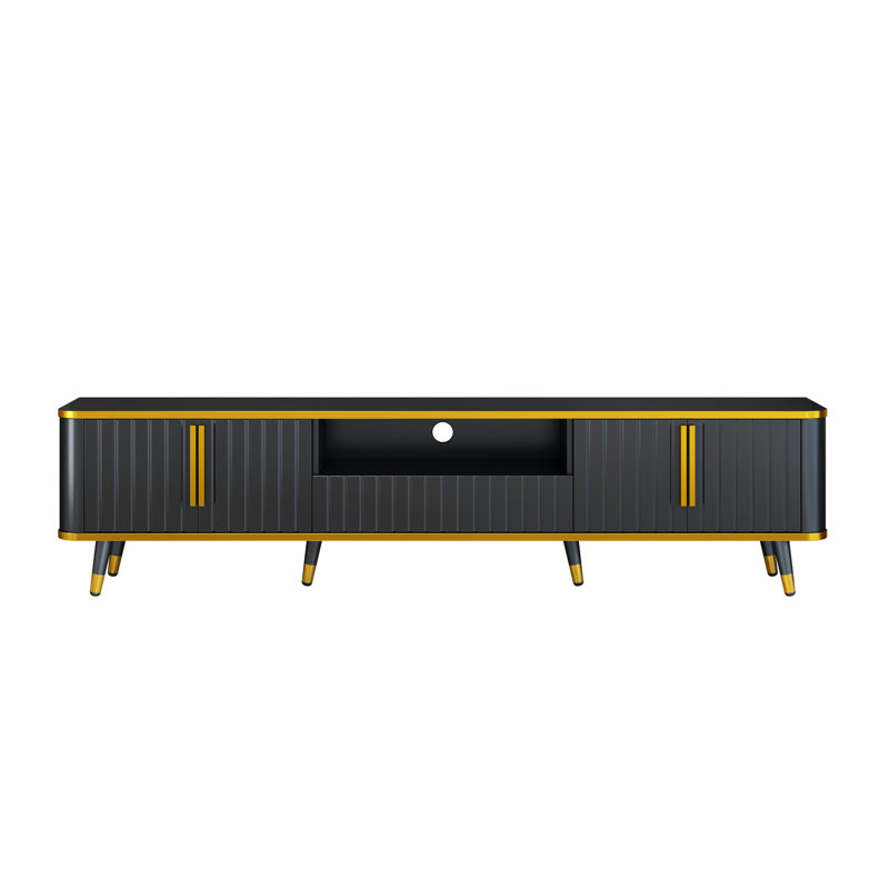Meuble télé de luxe avec rangement ouvert pour téléviseur de 85 po ou moins, meuble télé avec armoires et tiroirs, console multimédia pratique avec pieds uniques pour le salon, noir