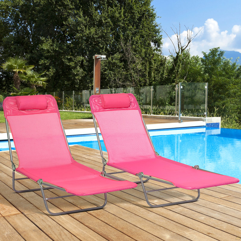 2 Piece Folding Chaise Lounge Chairs, Pool Sun Tanning Chairs, Outdoor Lounge Chairs, Pink