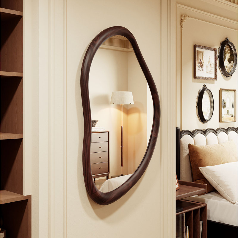 Irregular Wall Mirror, 35"x24" Wood Bathroom Mirror ,Dark Walnut Rustic Farmhouse Vanity Mirror for Bathroom Bedroom Living Room Entryway, Horizontal/Vertical