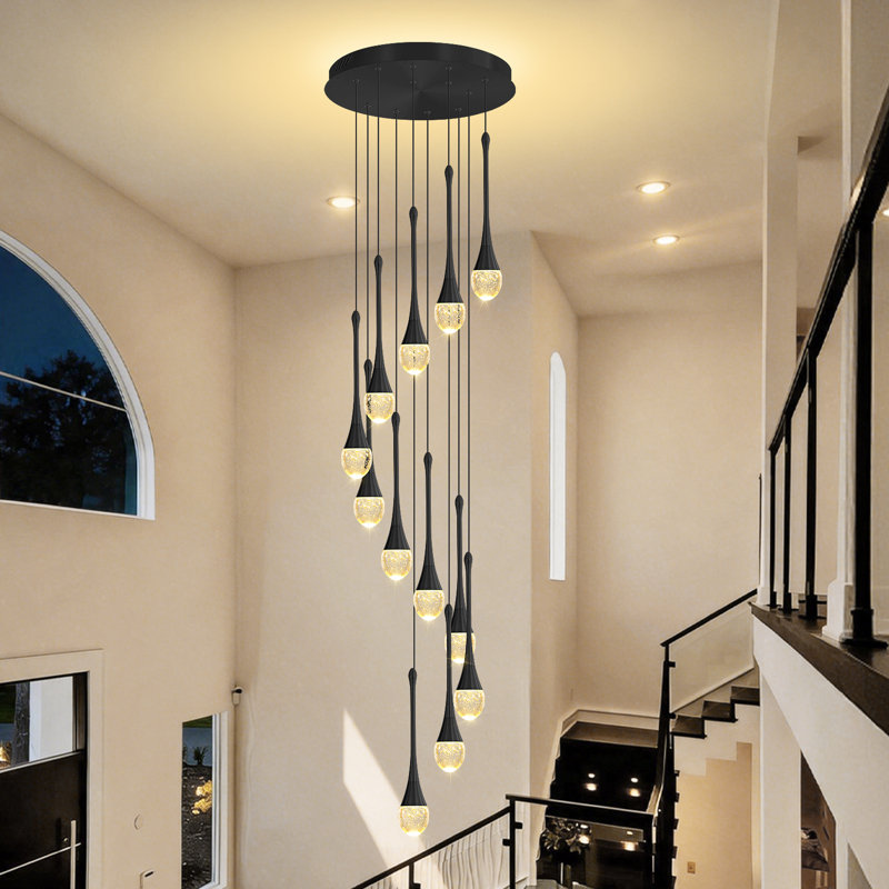 12-Light Black Crystal Raindrop Chandeliers 120" Long Pendant Light 3000-6000K Dimmable Lighting
