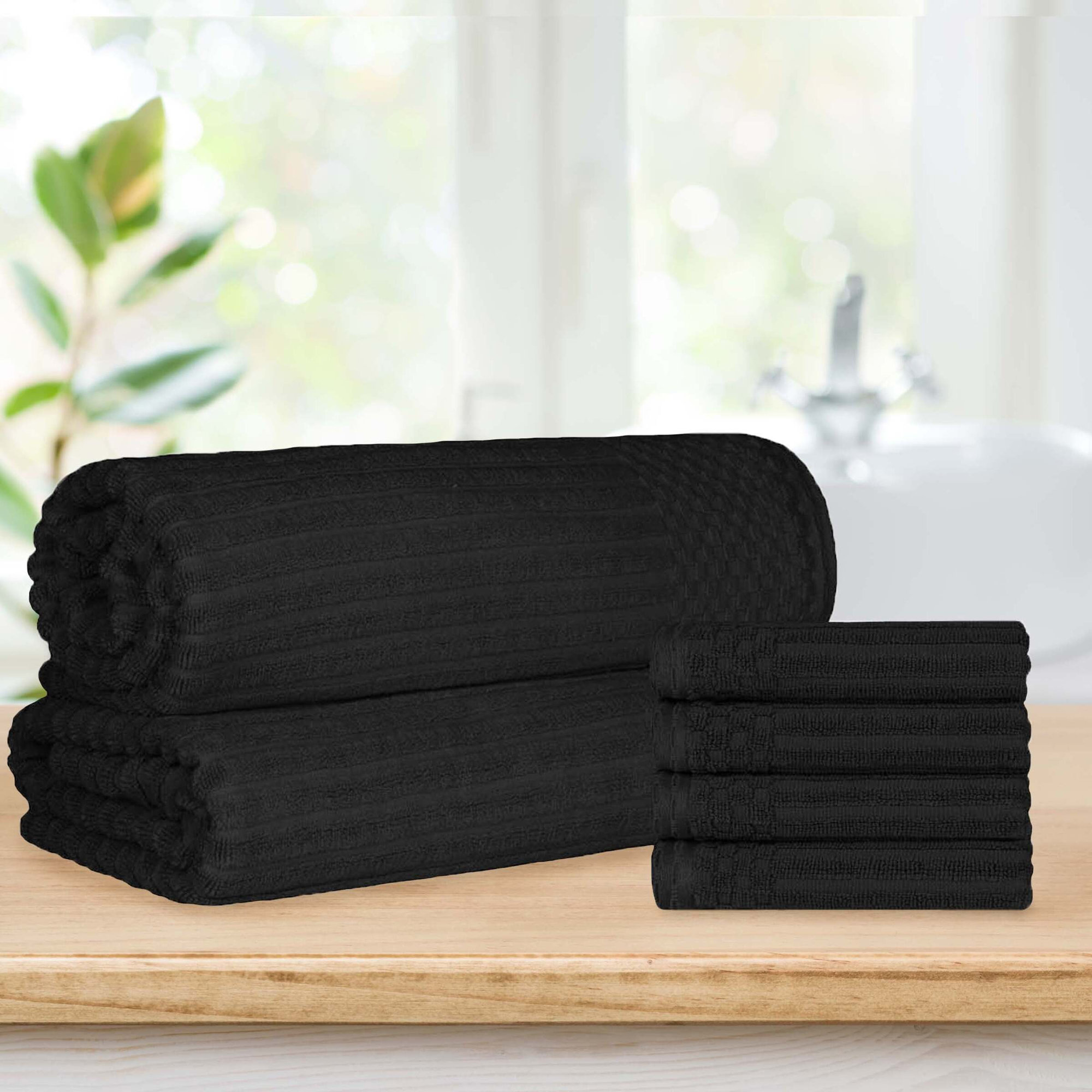 Keshayla Ribbed Cotton Absorbent Heavy 4pc Hand Towel and 2pc Bath Sheet Set, Black